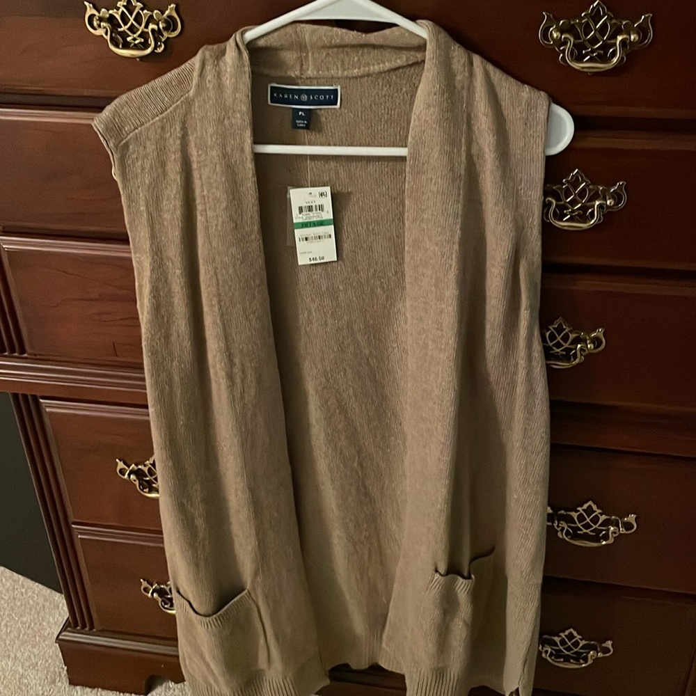 NWT Karen Scott Petite Large Brown Sweater Sleeveless Cardigan